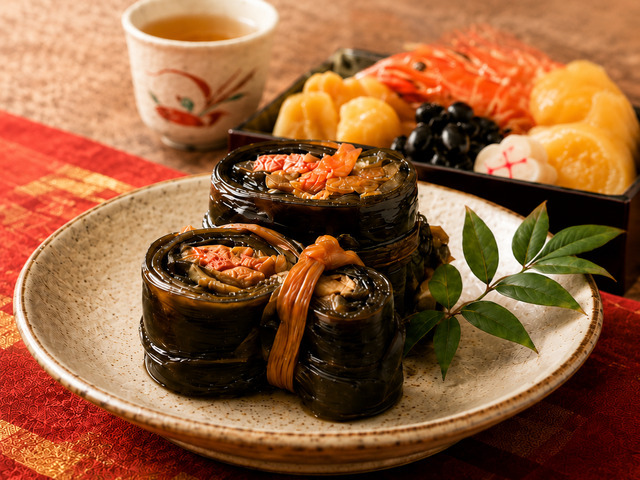 四つの旬彩昆布巻を盛り付けた食卓